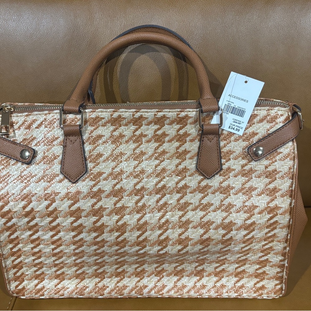 Cato Cream & Tan Houndstooth Satchel with Top Handles